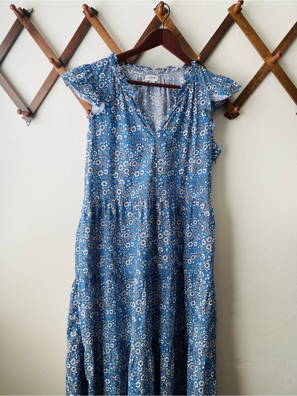 J. Crew Blue Floral Midi Dress with V-Neck and Flutter Sleeves